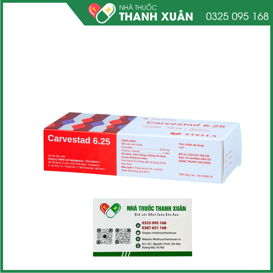 Carvestad 6.25  điều trị tăng huyết áp, đau thắt ngực